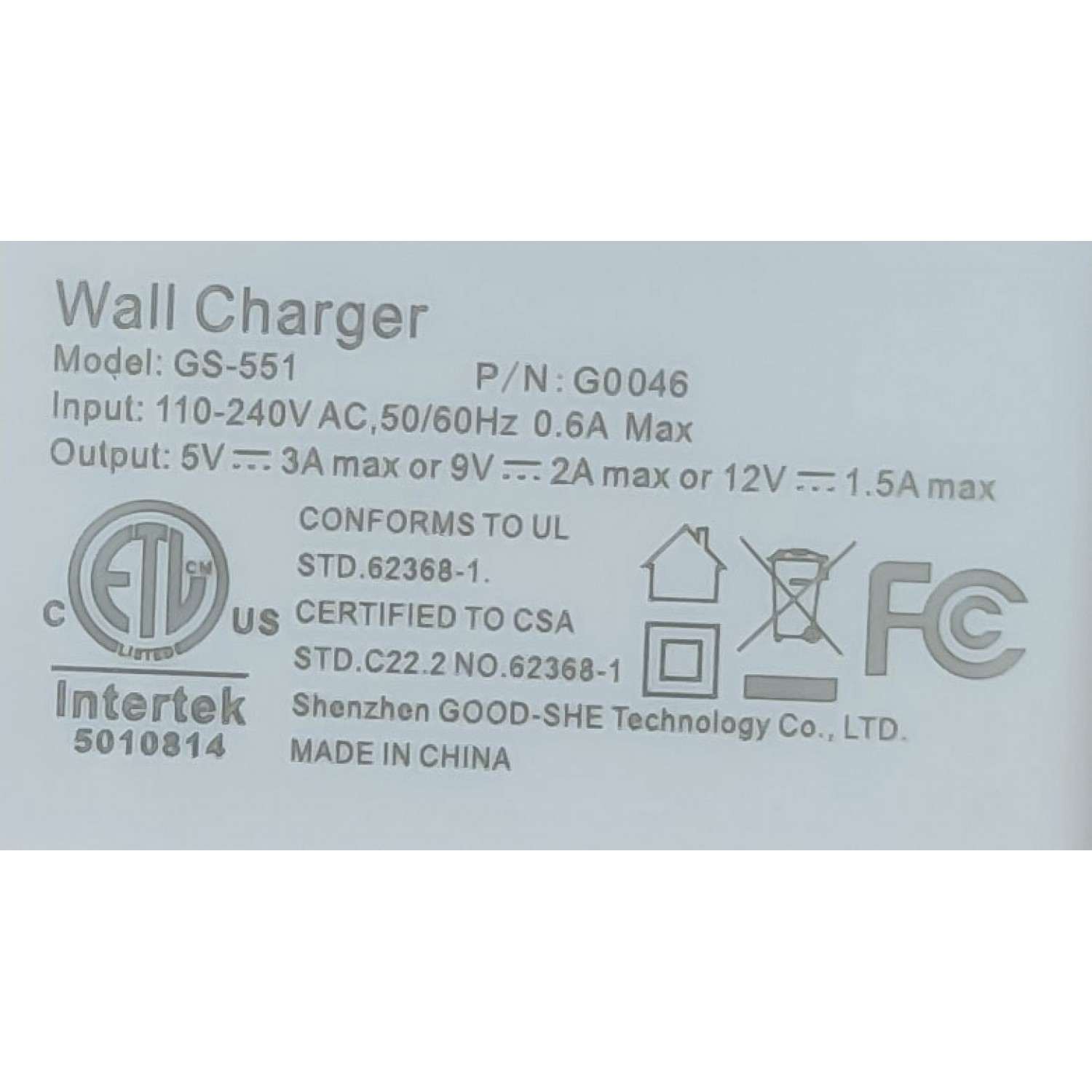 ADAPTADOR AC WALL / NUMERO DE PARTE GS-551 / G0046 / ENTRADA: 100-240V AC / SALIDA: 5VCD - 3A / SALIDA: 9V - 2A / SALIDA: 12VCD - 1.5A	 - Imagen 2